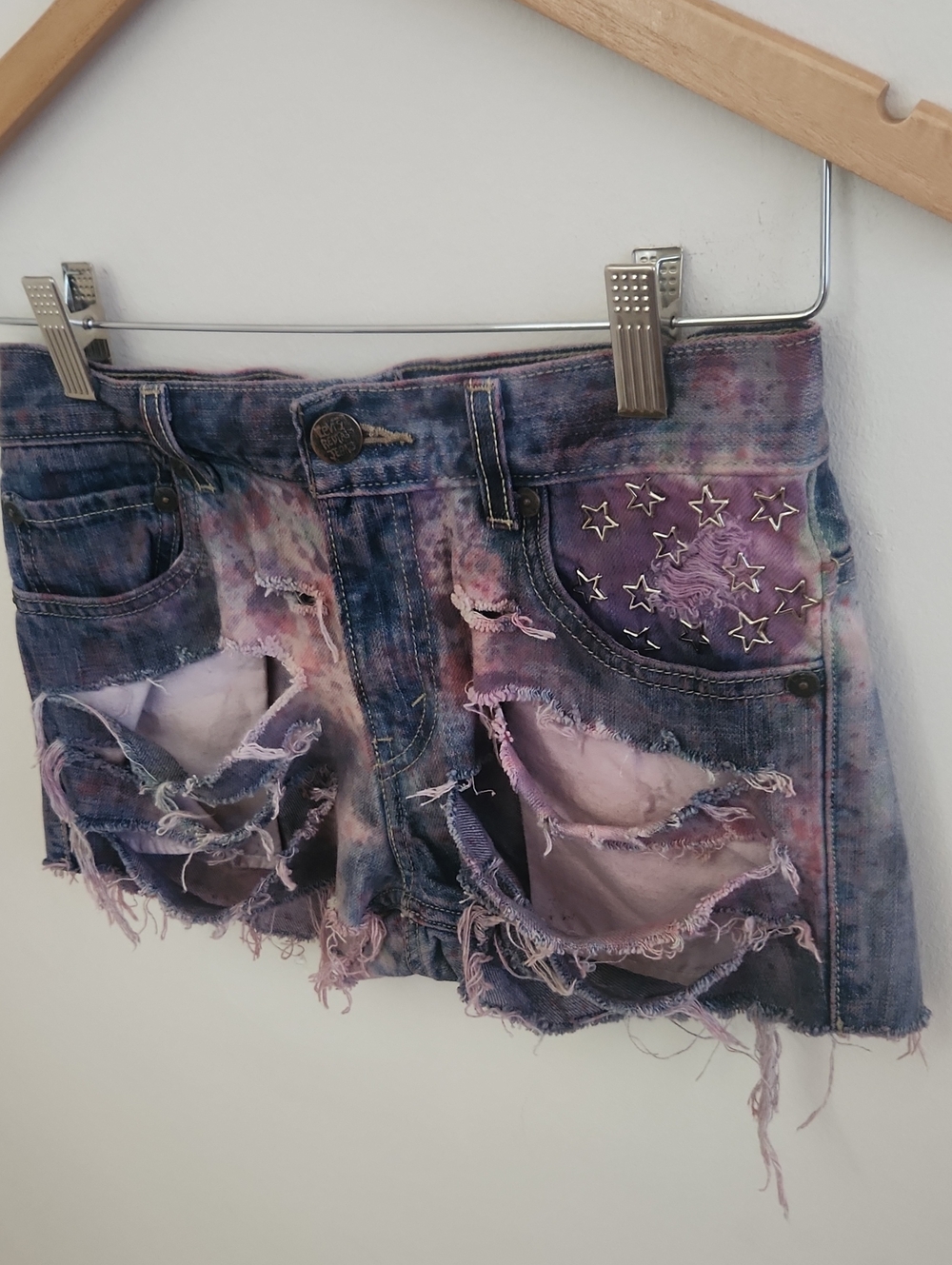 Levi's Distressed Tie-Dye Denim Mini Shorts With Silver Stars- Purple 27